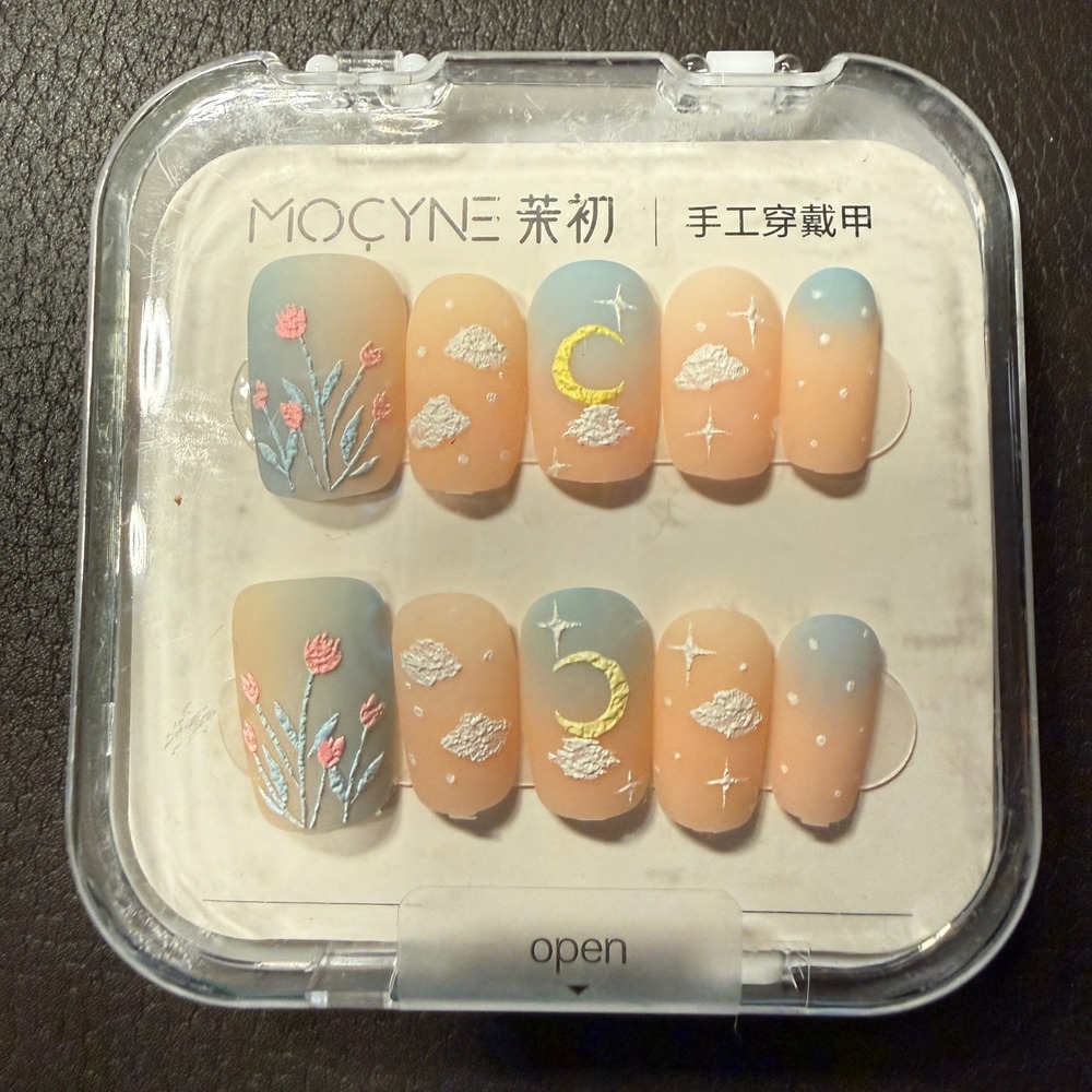 Mocyne 24pc Press On Nails NEW 3D Celestial Floral Matte Peach Blue